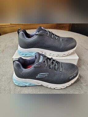Skechers Glide Step Safety Alloy Toe Shoes Womens 6.5 Charcoal/Light Blue ASTM